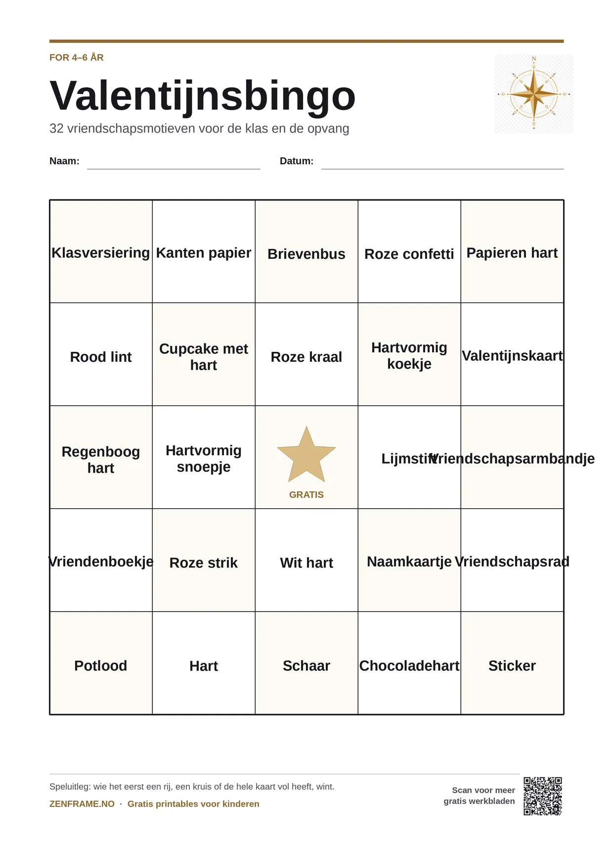 Valentijnsbingo voor kinderen 4–6 jaar – gratis printbare A4-kaart