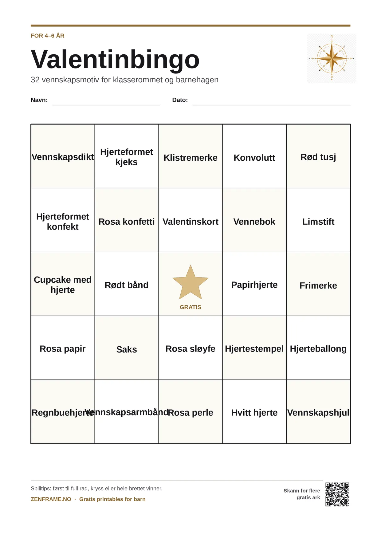 Valentinbingo for barn 4–6 år – gratis utskrivbart A4-brett