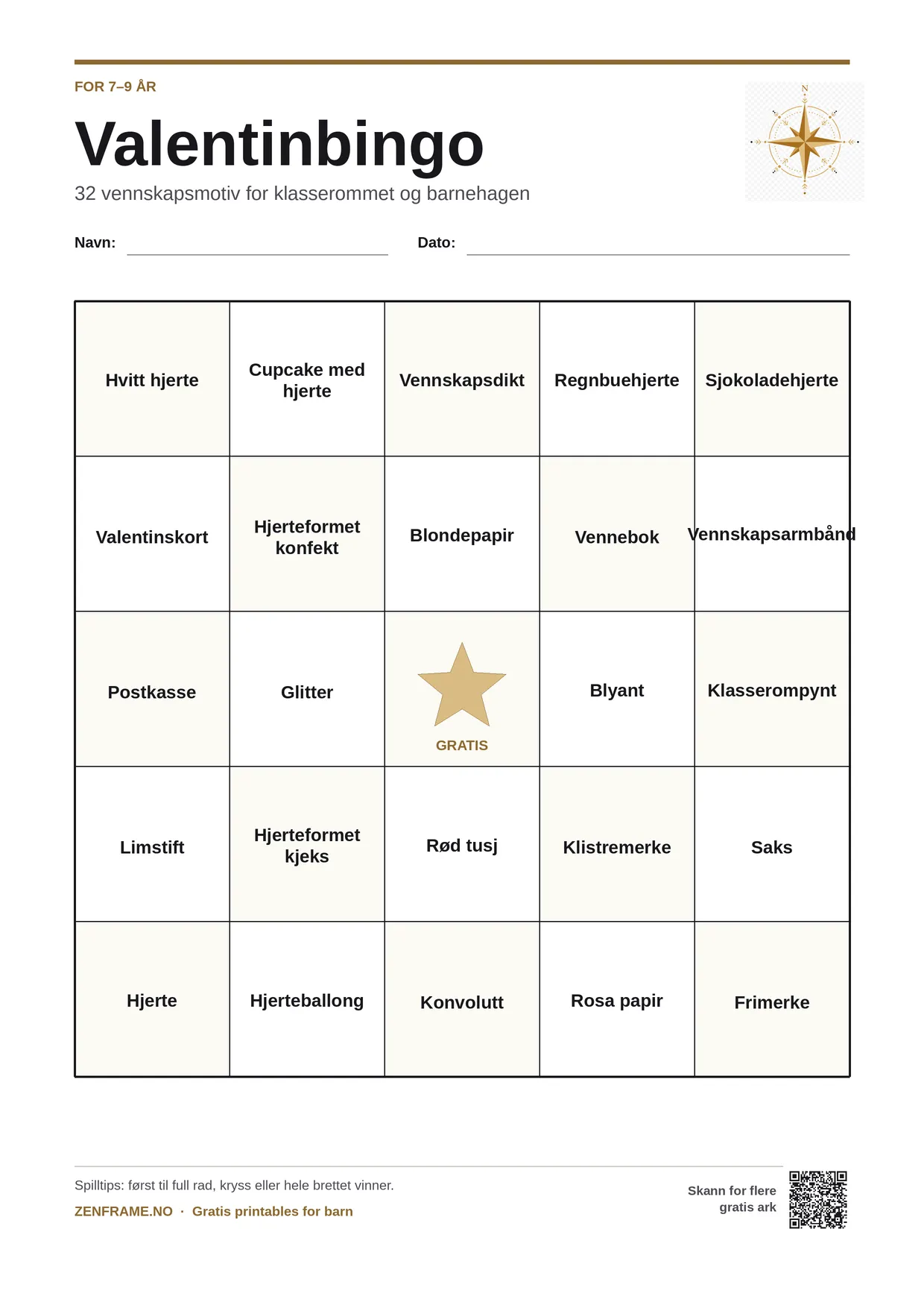 Valentinbingo for barn 7–9 år – gratis utskrivbart A4-brett