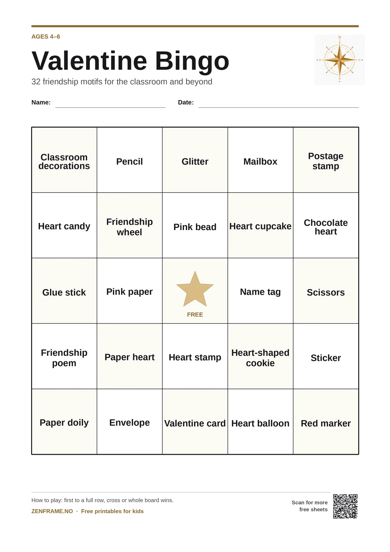 Valentine Bingo for kids ages 4–6 – free printable A4 board