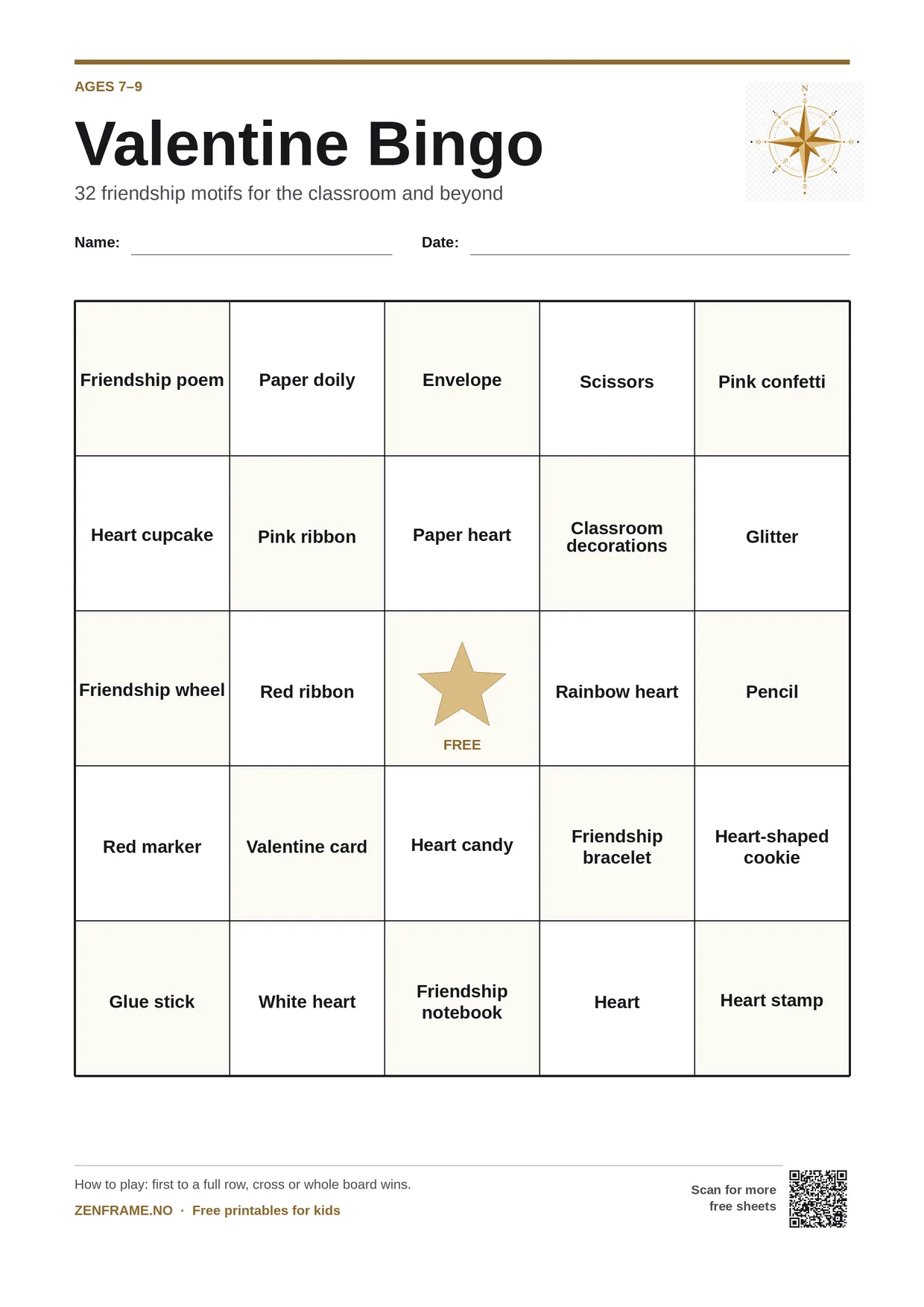 Valentine Bingo for kids ages 7–9 – free printable A4 board
