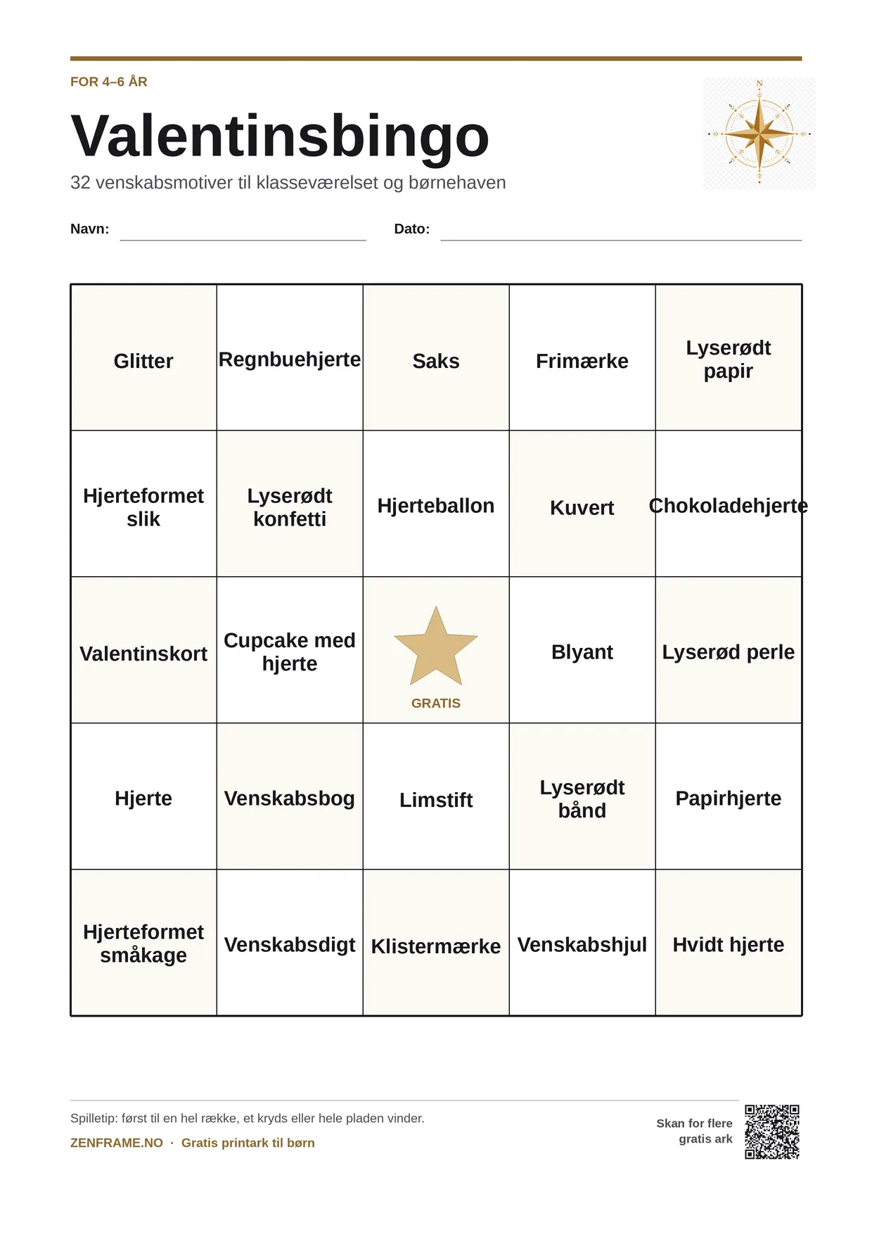 Valentinsbingo for børn 4–6 år – gratis printbar A4-plade