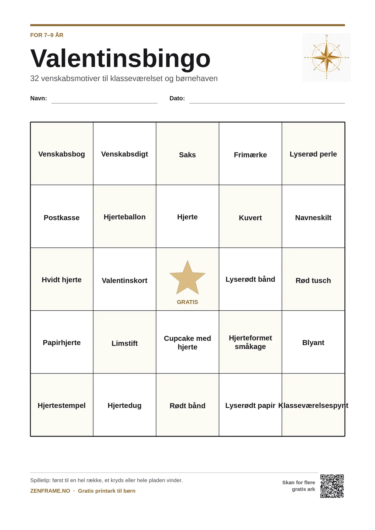 Valentinsbingo for børn 7–9 år – gratis printbar A4-plade