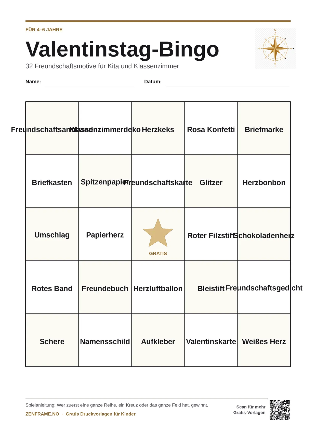 Valentinstag-Bingo für Kinder 4–6 Jahre – kostenlose A4-Vorlage zum Ausdrucken