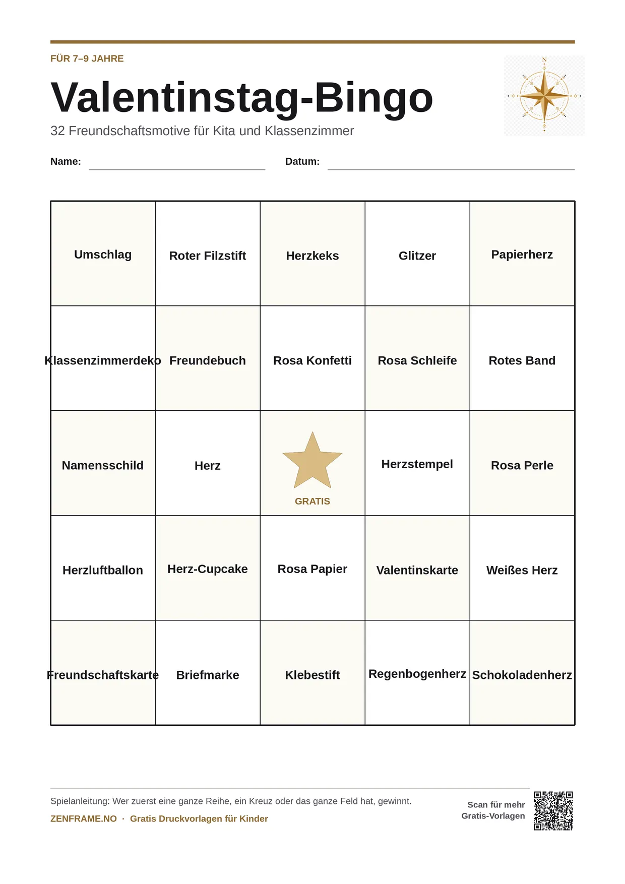 Valentinstag-Bingo für Kinder 7–9 Jahre – kostenlose A4-Vorlage zum Ausdrucken