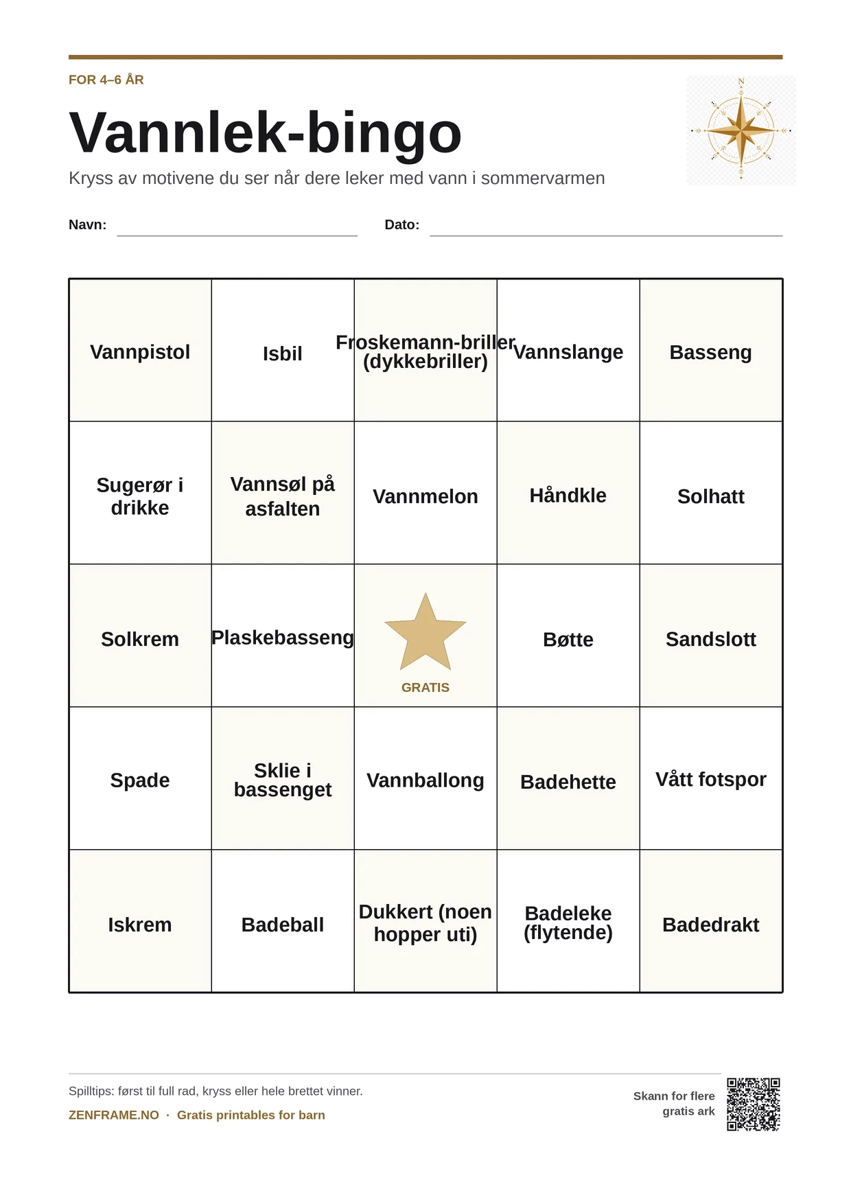 Vannlek-bingo for barn 4–6 år – gratis utskrivbart A4-brett