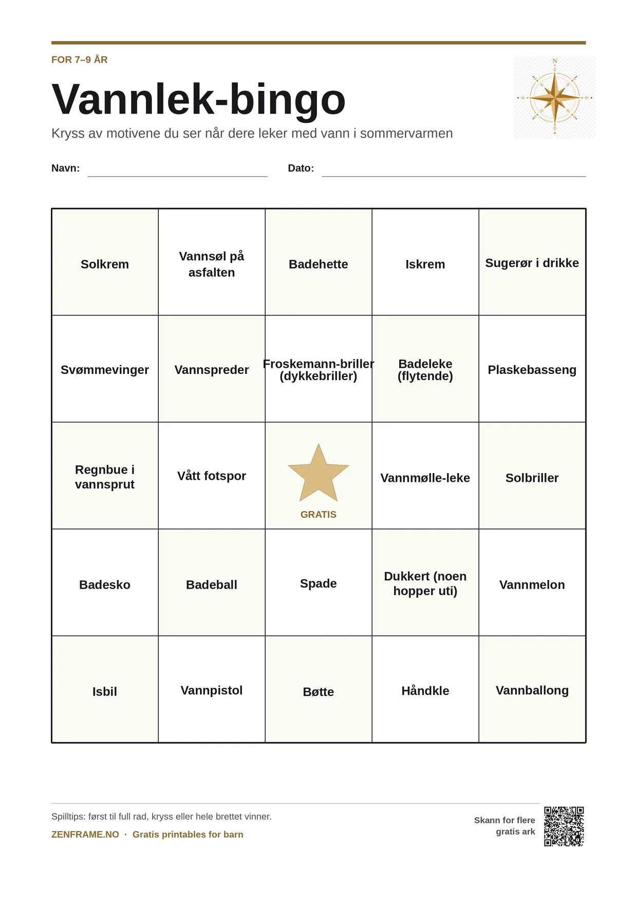 Vannlek-bingo for barn 7–9 år – gratis utskrivbart A4-brett