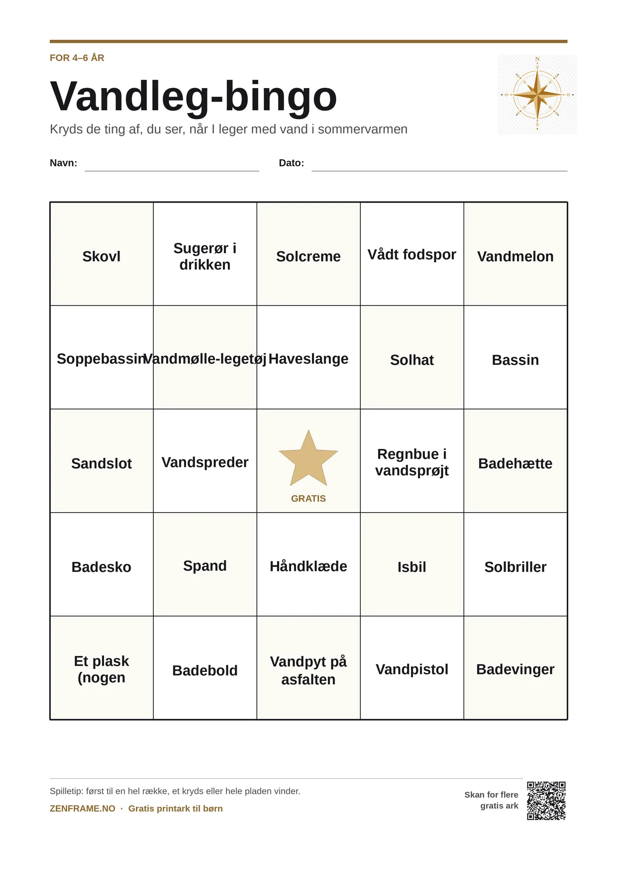 Vandleg-bingo for børn 4–6 år – gratis printbar A4-plade