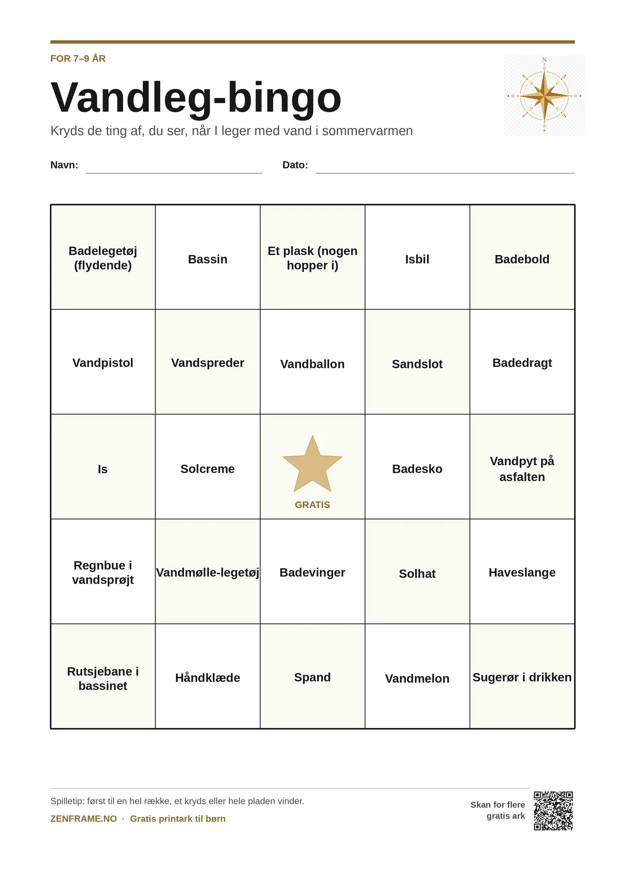 Vandleg-bingo for børn 7–9 år – gratis printbar A4-plade