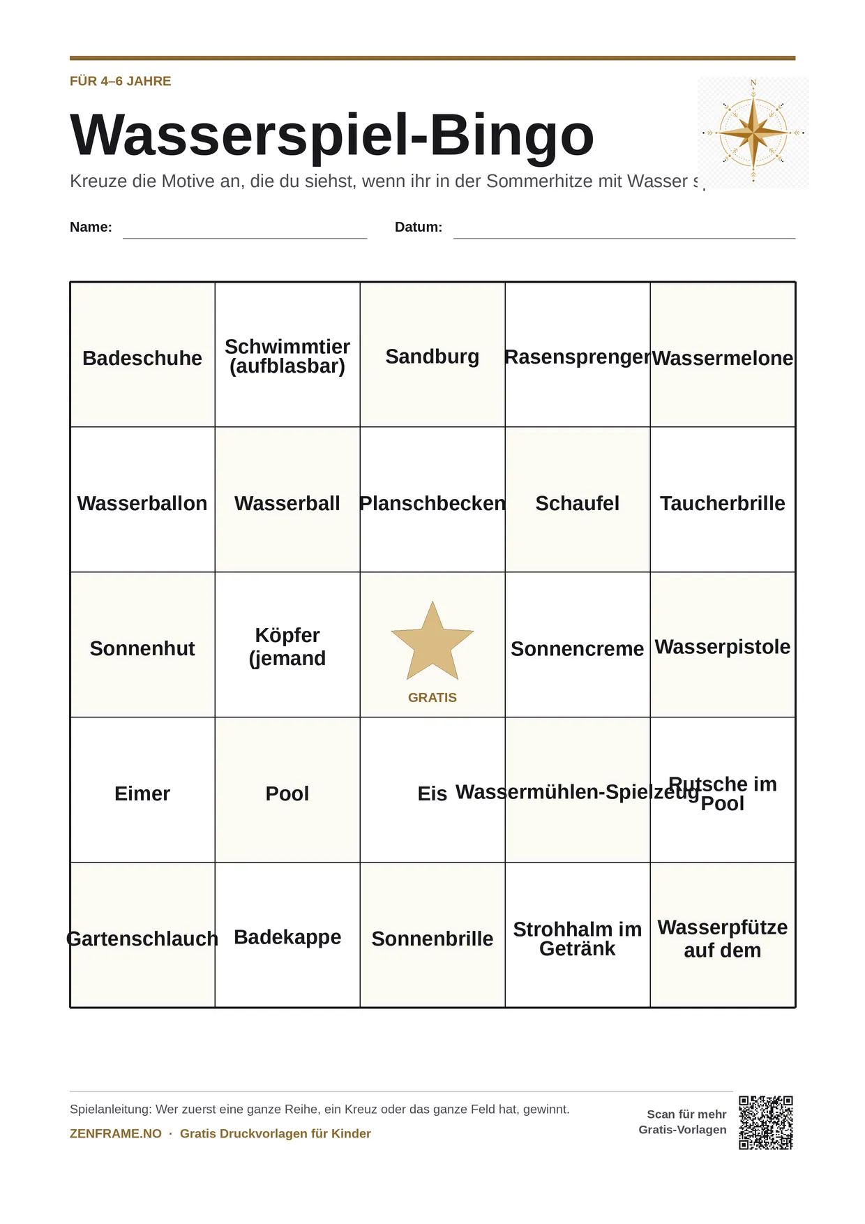 Wasserspiel-Bingo für Kinder 4–6 Jahre – kostenlose A4-Vorlage zum Ausdrucken