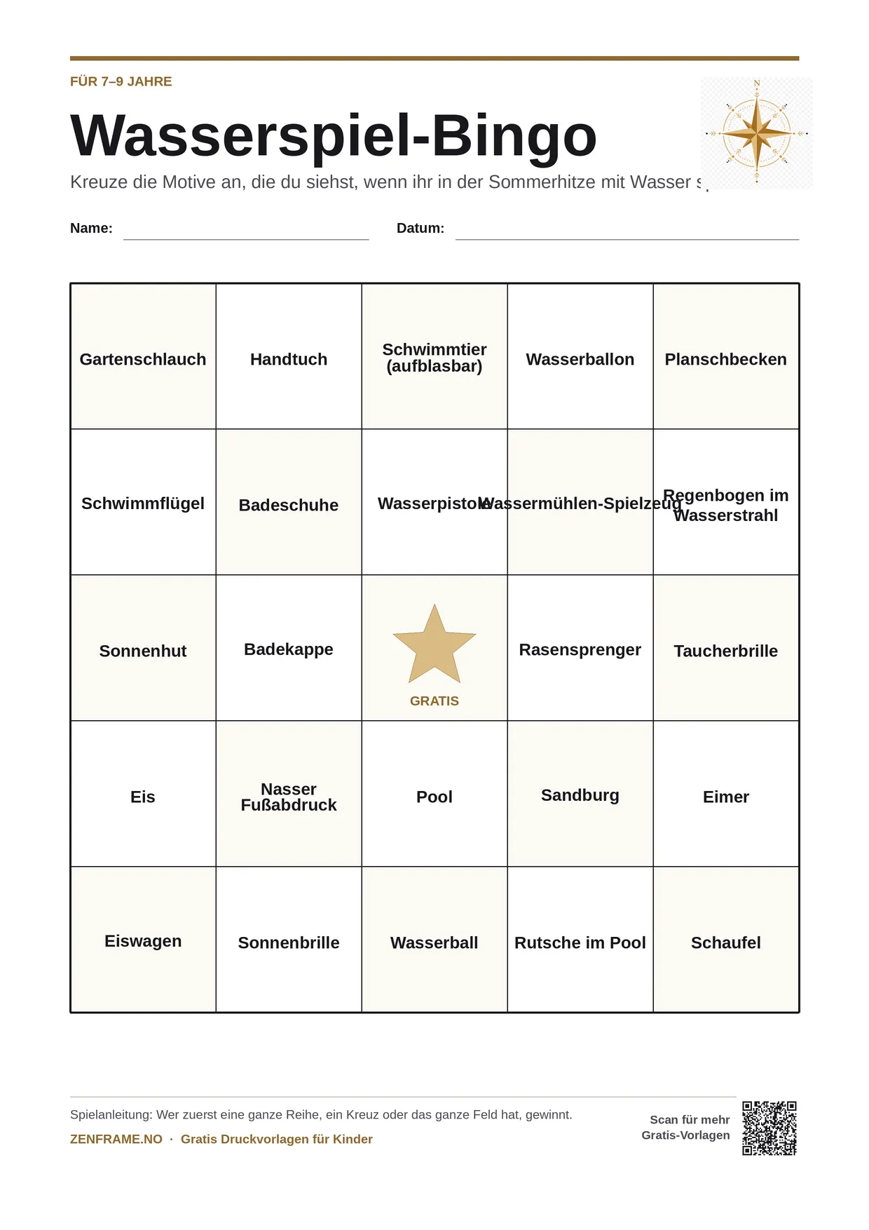 Wasserspiel-Bingo für Kinder 7–9 Jahre – kostenlose A4-Vorlage zum Ausdrucken
