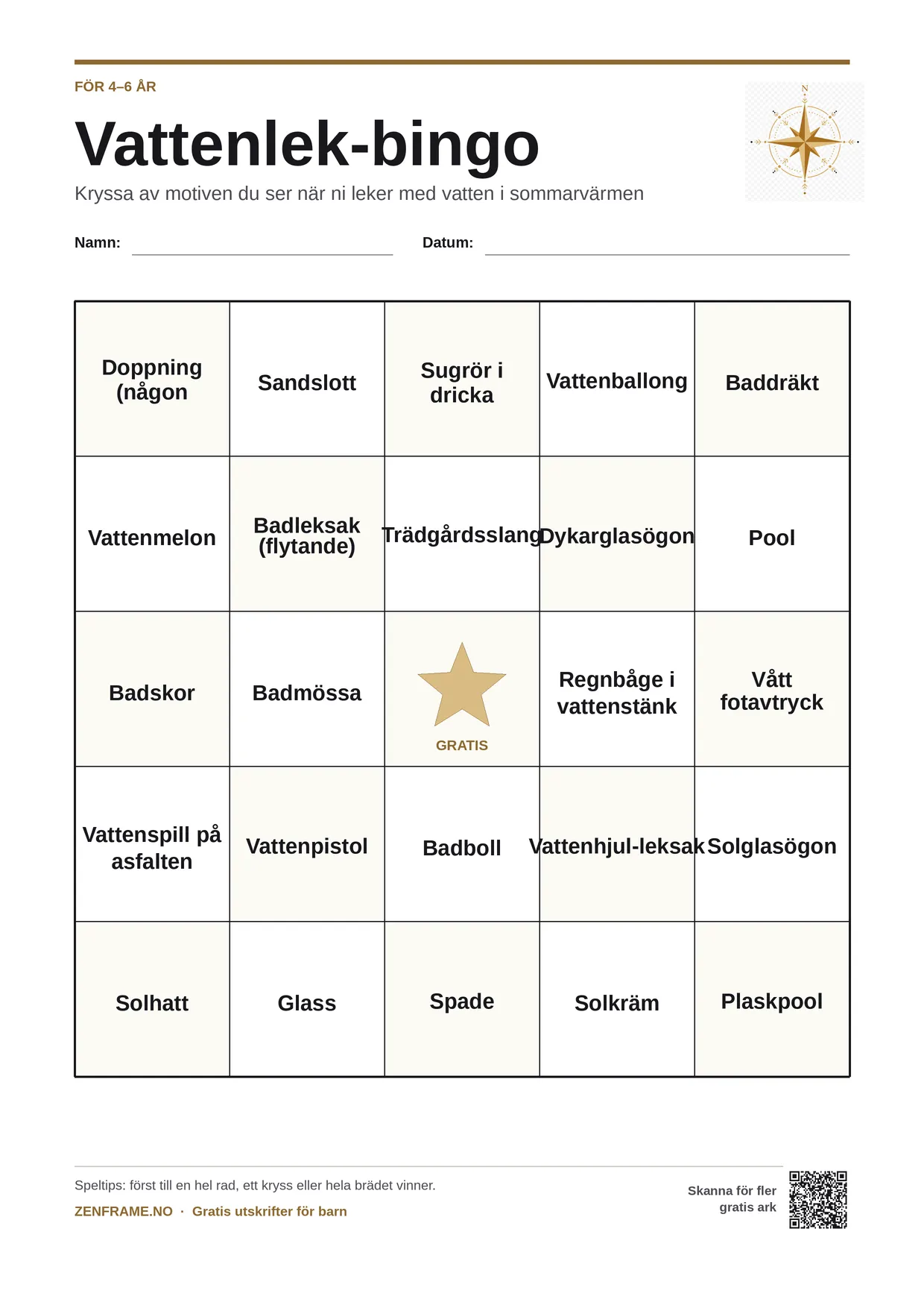 Vattenlek-bingo för barn 4–6 år – gratis utskrivbart A4-bräde