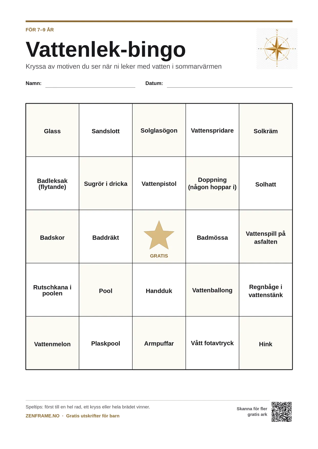 Vattenlek-bingo för barn 7–9 år – gratis utskrivbart A4-bräde