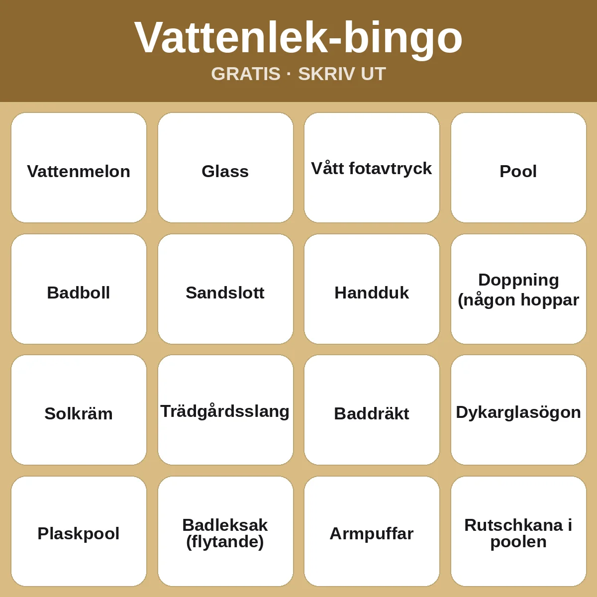 Vattenlek-bingo – gratis bingo att skriva ut för barn