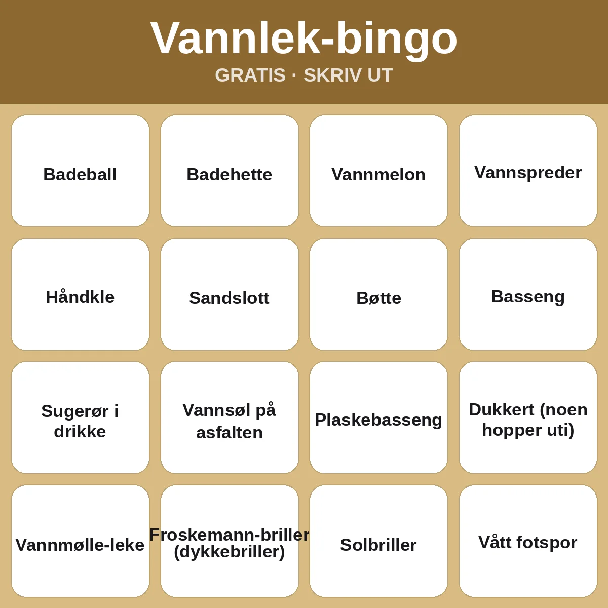 Vannlek-bingo – gratis bingo til utskrift for barn