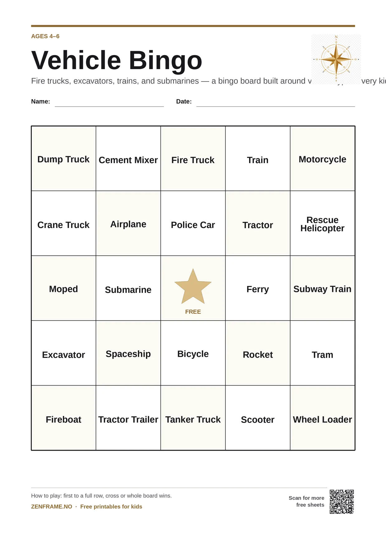 Vehicle Bingo for kids ages 4–6 – free printable A4 board