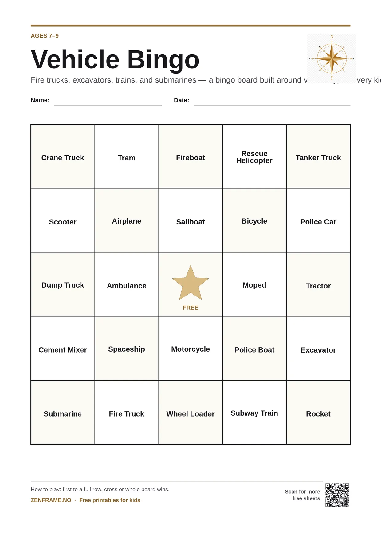 Vehicle Bingo for kids ages 7–9 – free printable A4 board