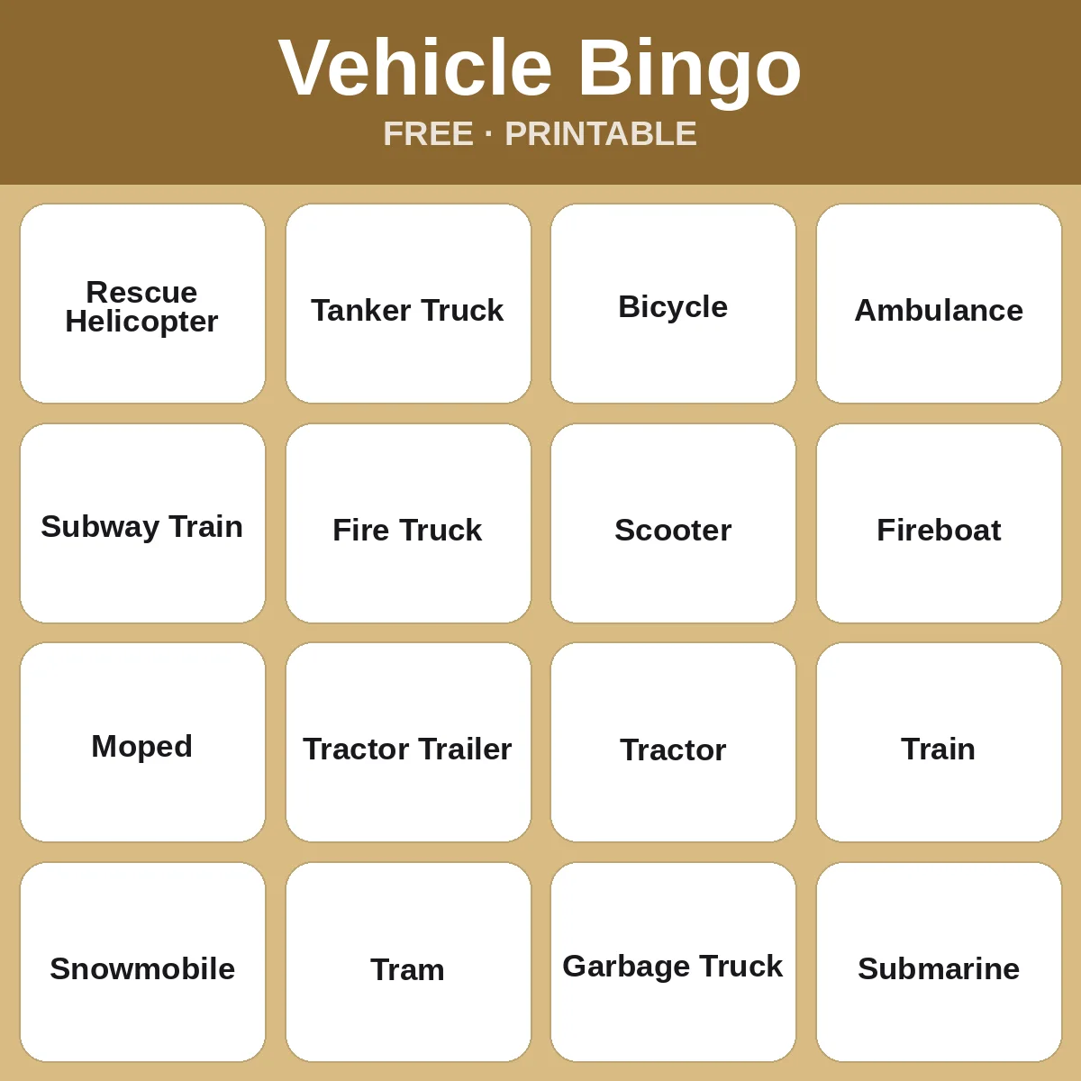 Vehicle Bingo – free printable bingo for kids