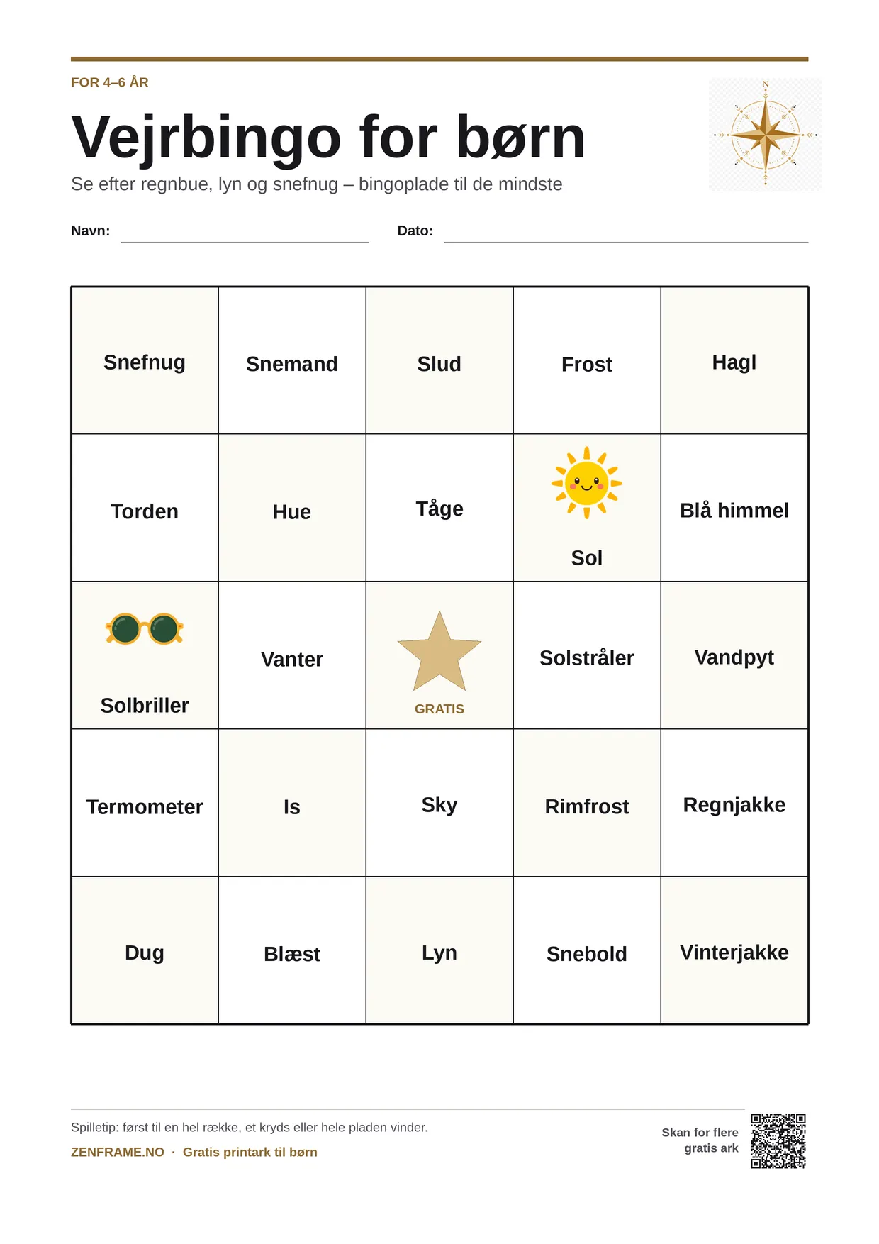 Vejrbingo for børn 4–6 år – gratis printbar A4-plade