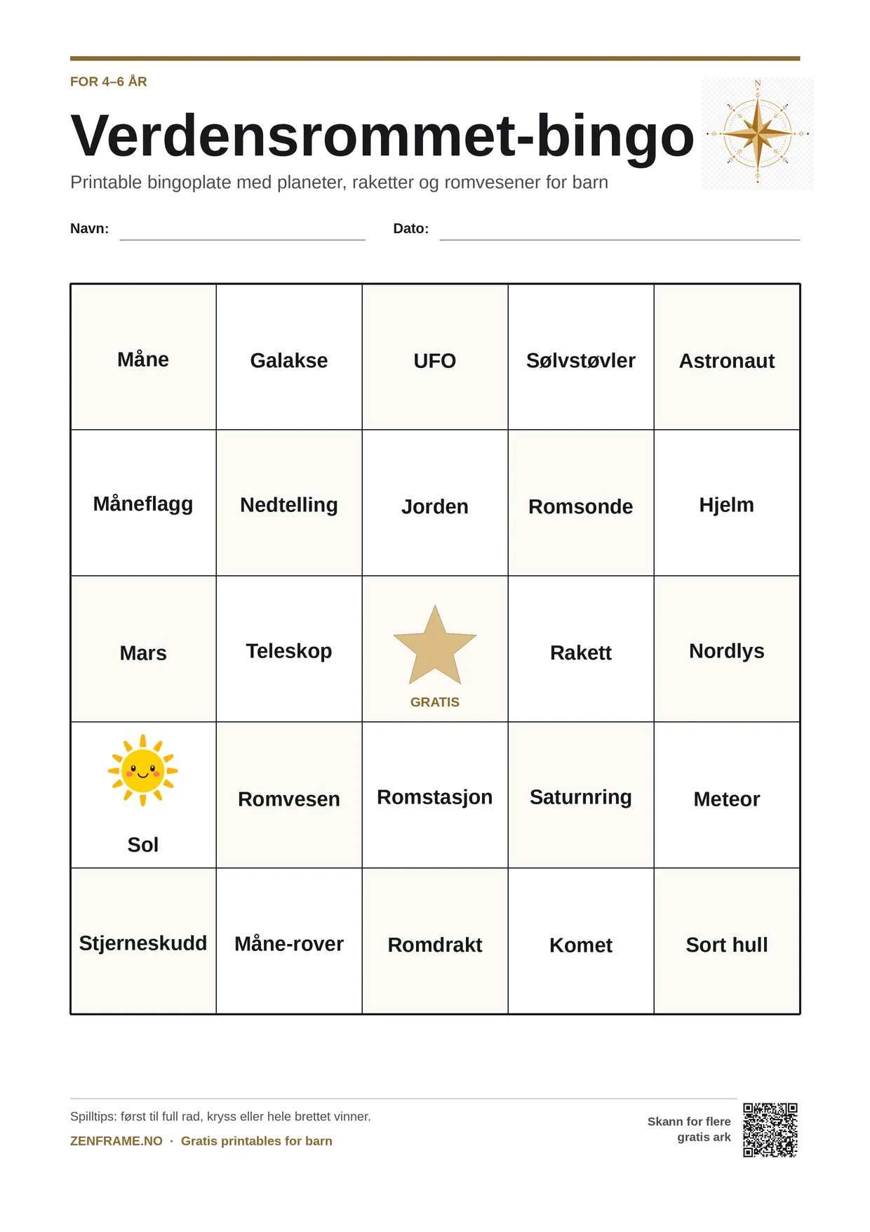 Verdensrommet-bingo for barn 4–6 år – gratis utskrivbart A4-brett