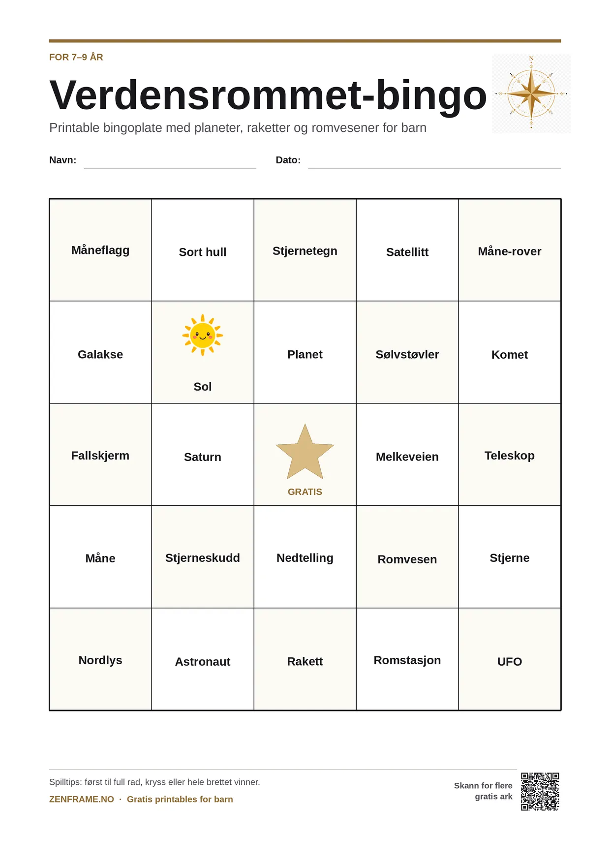 Verdensrommet-bingo for barn 7–9 år – gratis utskrivbart A4-brett