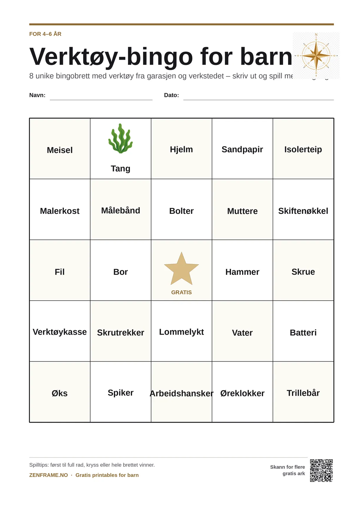 Verktøy-bingo for barn 4–6 år – gratis utskrivbart A4-brett
