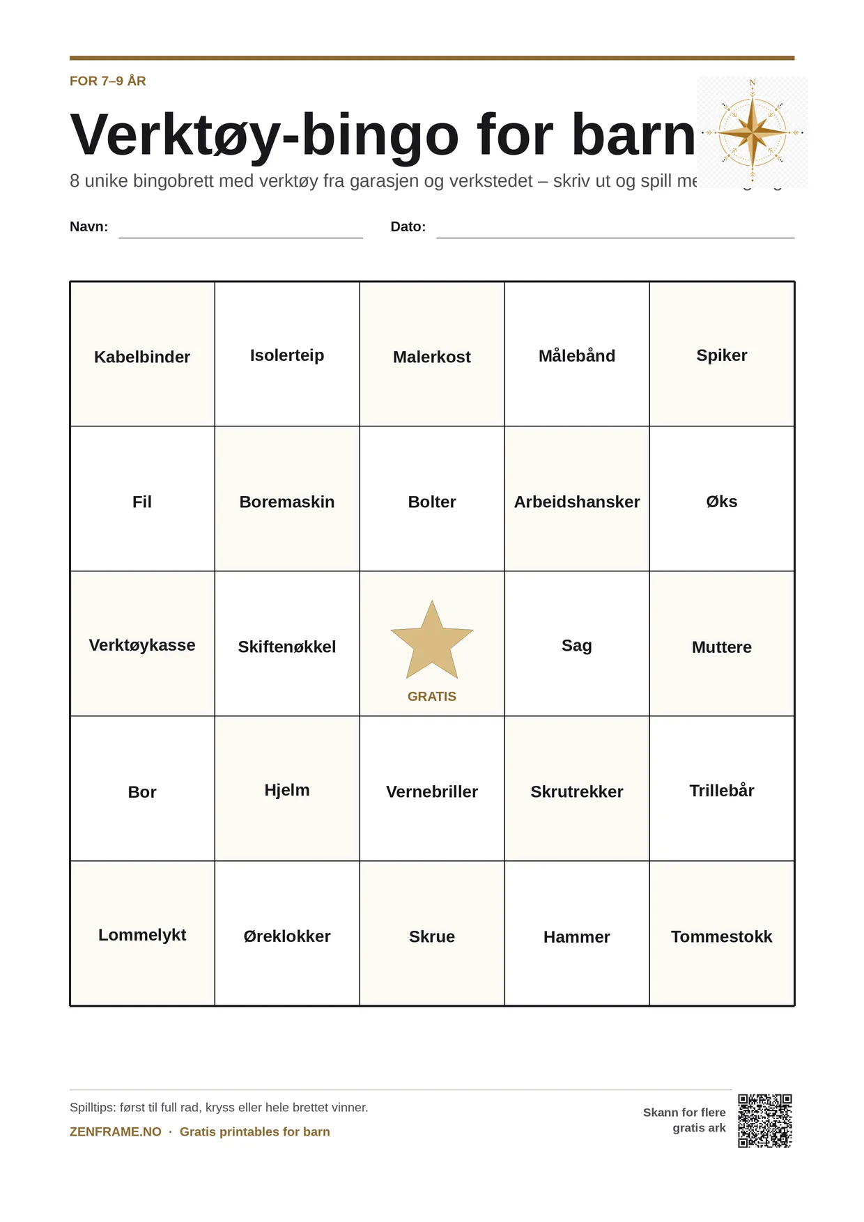 Verktøy-bingo for barn 7–9 år – gratis utskrivbart A4-brett