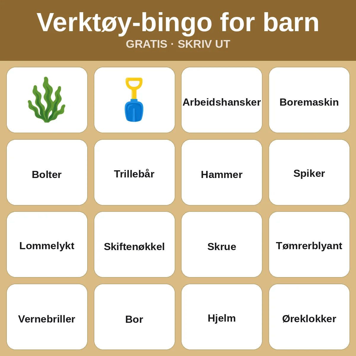 Verktøy-bingo for barn – gratis bingo til utskrift for barn