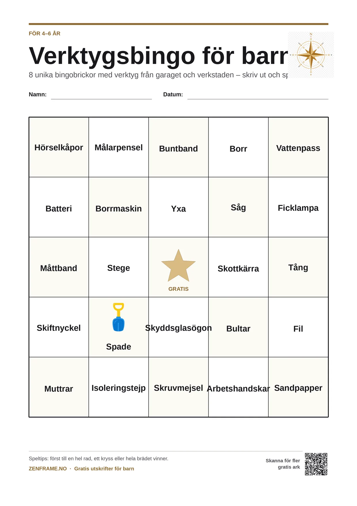 Verktygsbingo för barn 4–6 år – gratis utskrivbart A4-bräde