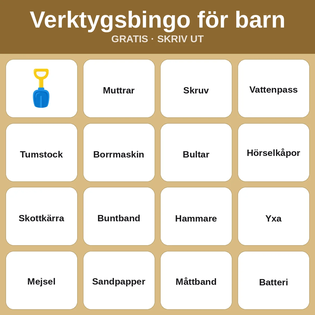 Verktygsbingo för barn – gratis bingo att skriva ut för barn