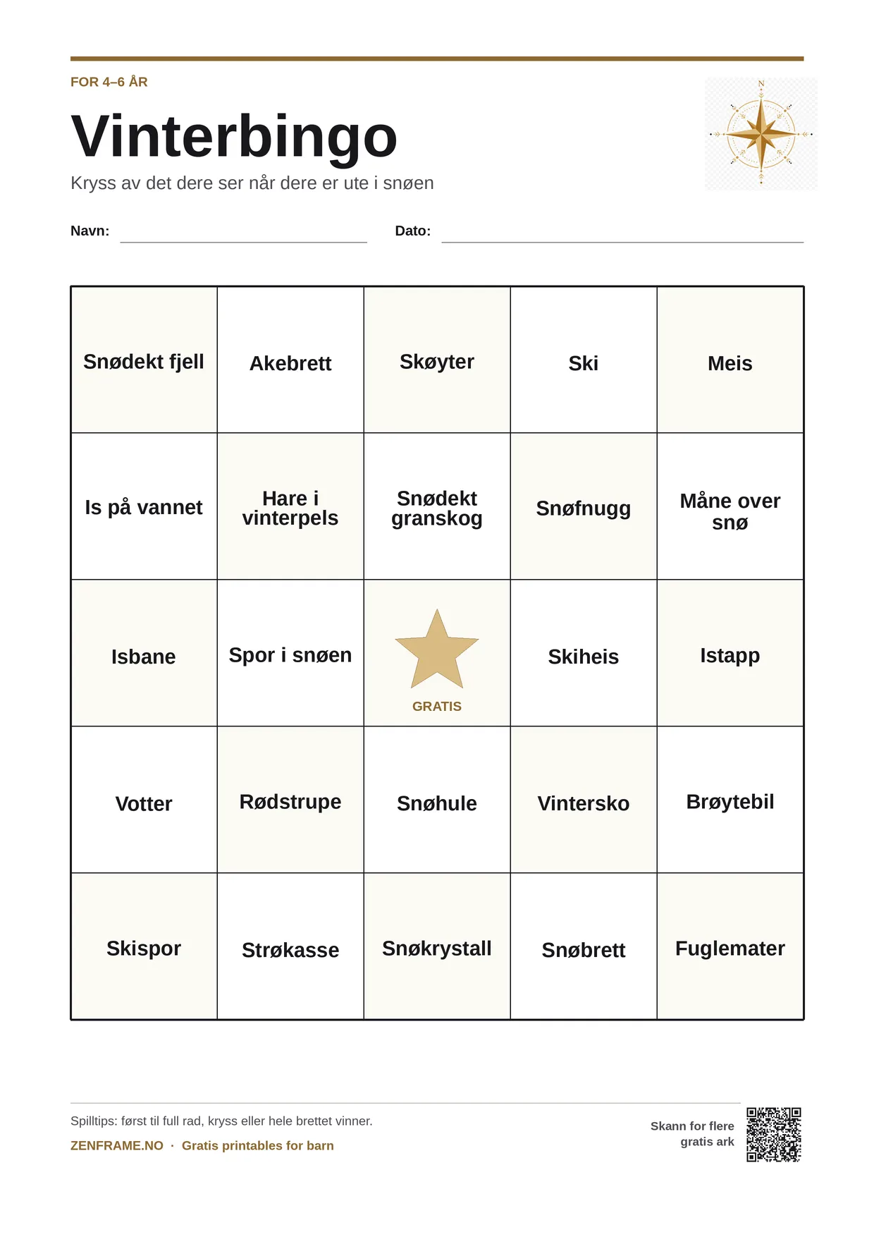 Vinterbingo for barn 4–6 år – gratis utskrivbart A4-brett