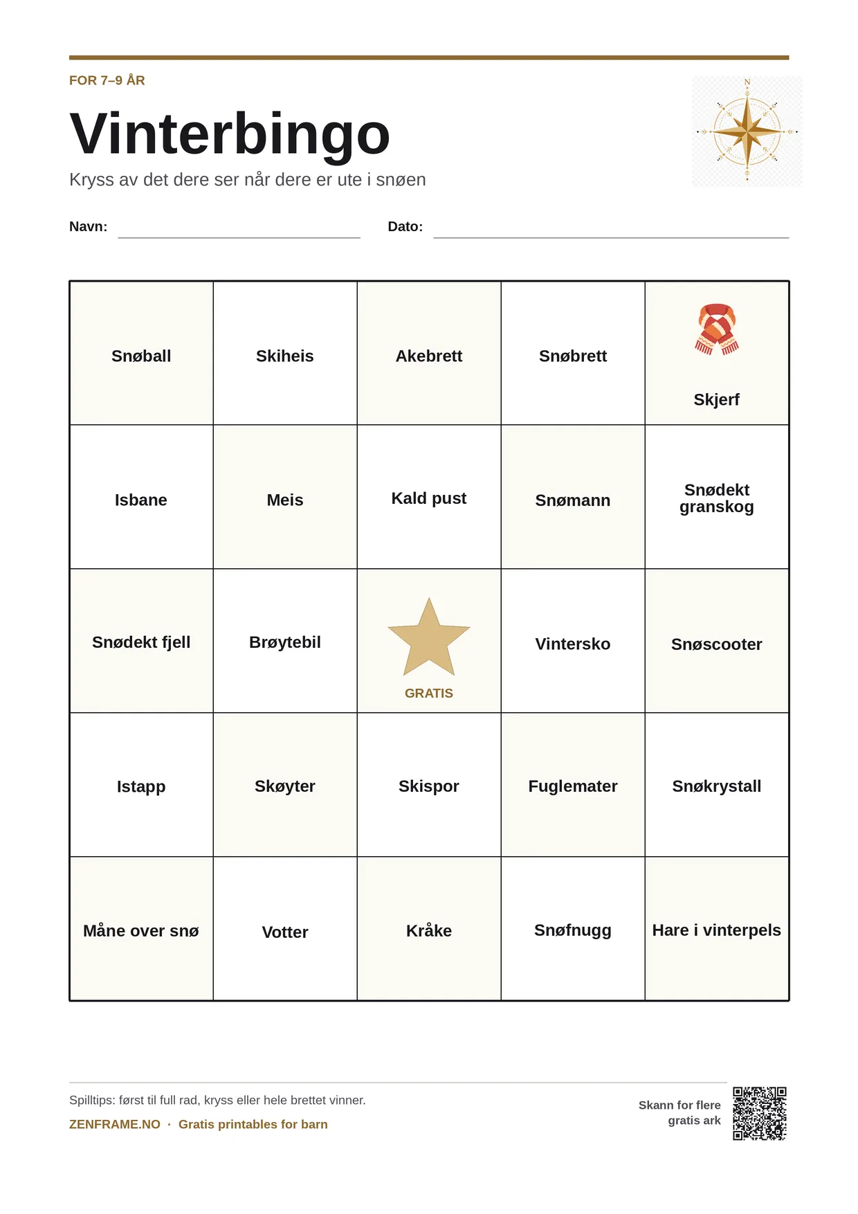 Vinterbingo for barn 7–9 år – gratis utskrivbart A4-brett