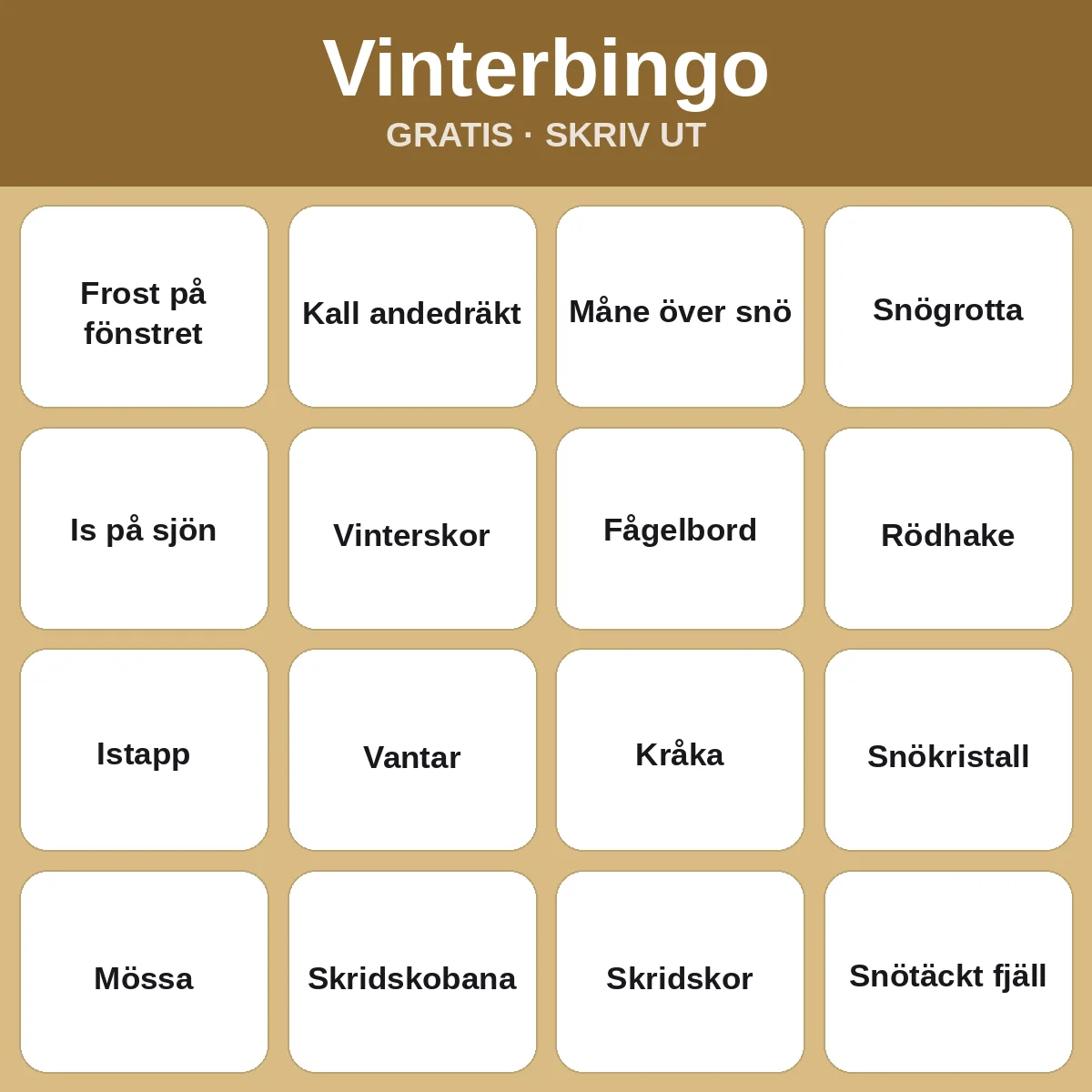 Vinterbingo – gratis bingo att skriva ut för barn