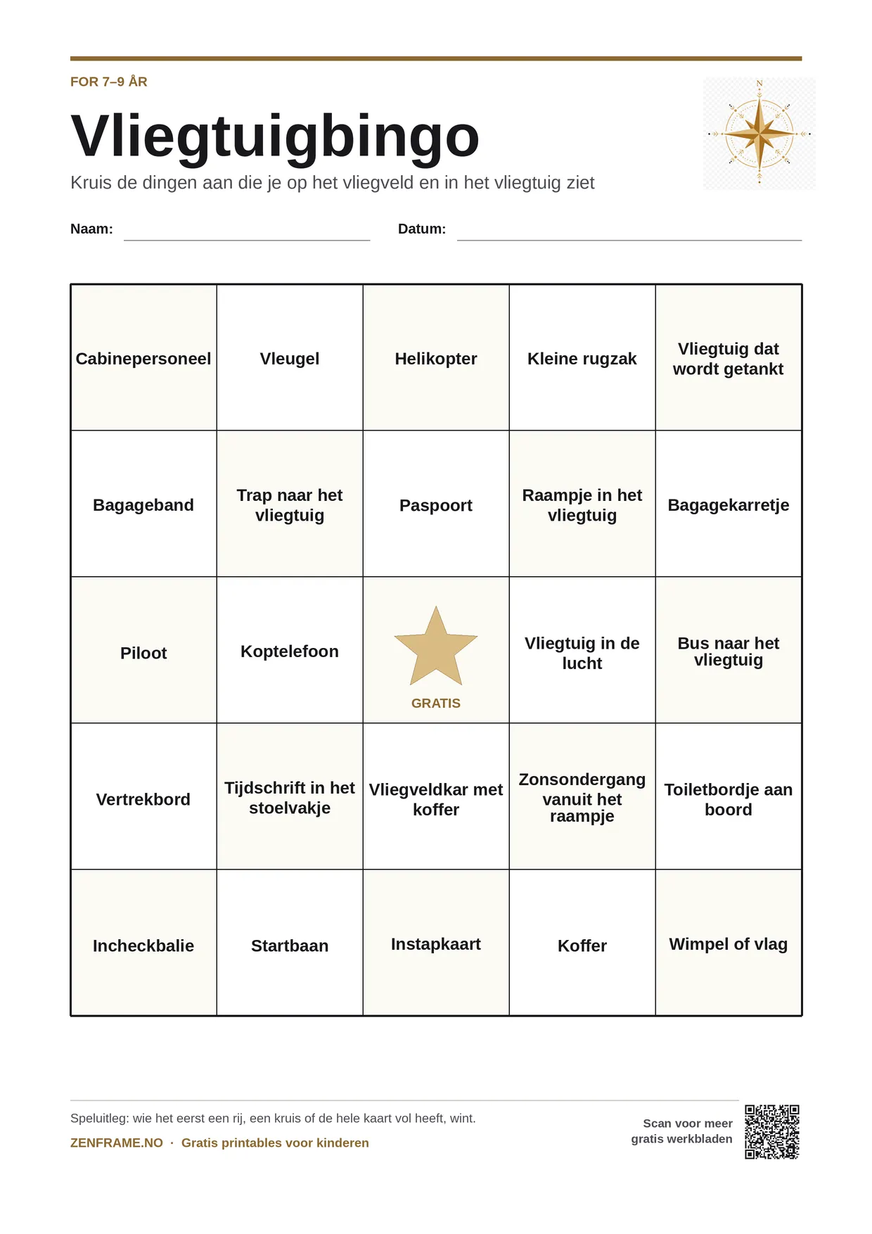 Vliegtuigbingo voor kinderen 7–9 jaar – gratis printbare A4-kaart