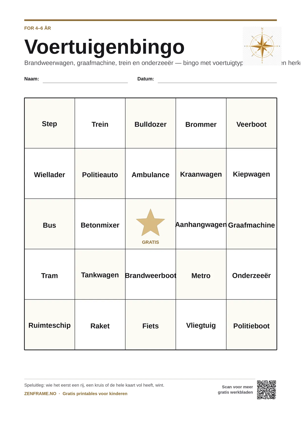 Voertuigenbingo voor kinderen 4–6 jaar – gratis printbare A4-kaart