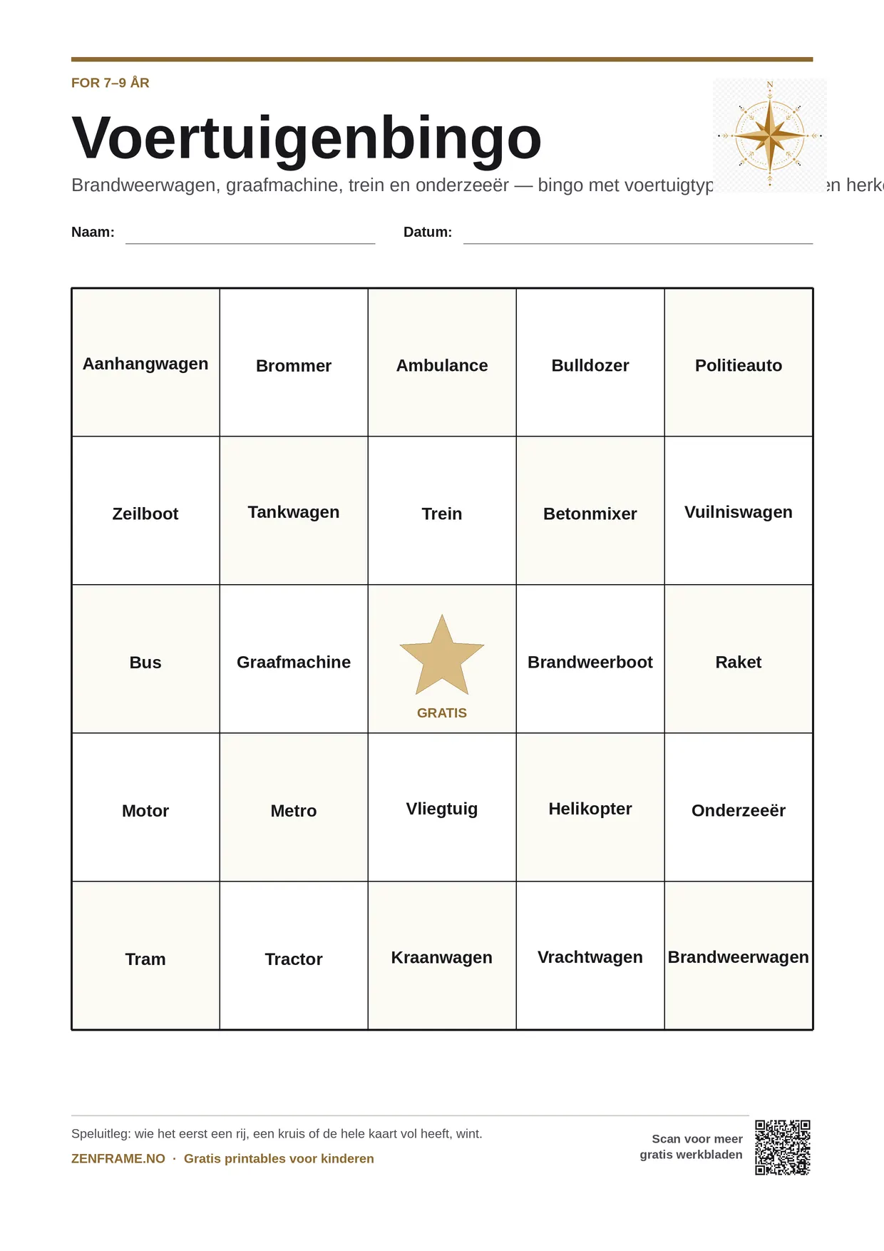 Voertuigenbingo voor kinderen 7–9 jaar – gratis printbare A4-kaart