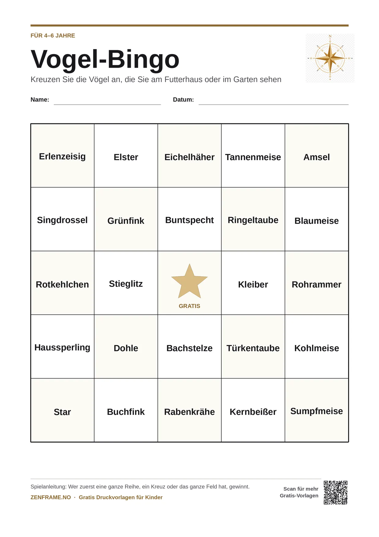 Vogel-Bingo für Kinder 4–6 Jahre – kostenlose A4-Vorlage zum Ausdrucken