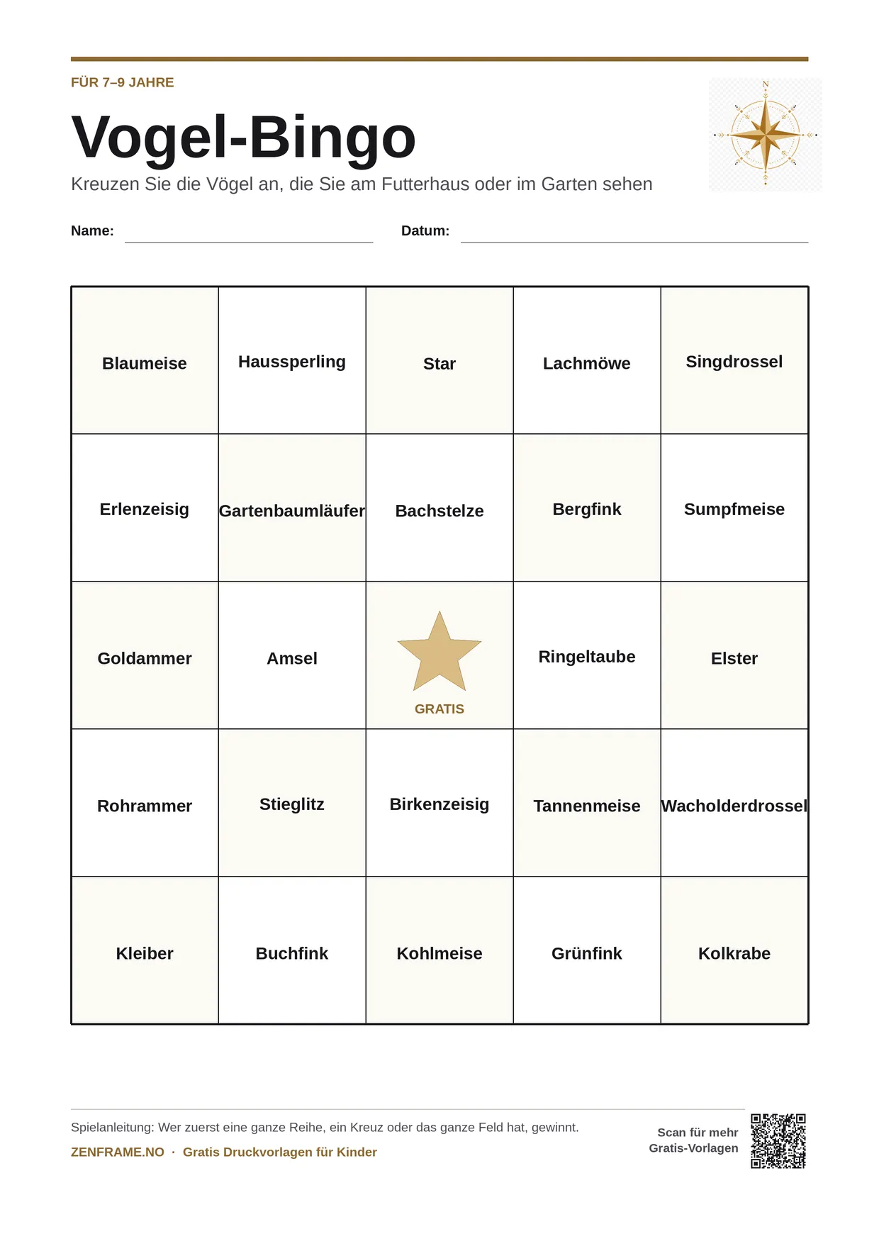 Vogel-Bingo für Kinder 7–9 Jahre – kostenlose A4-Vorlage zum Ausdrucken
