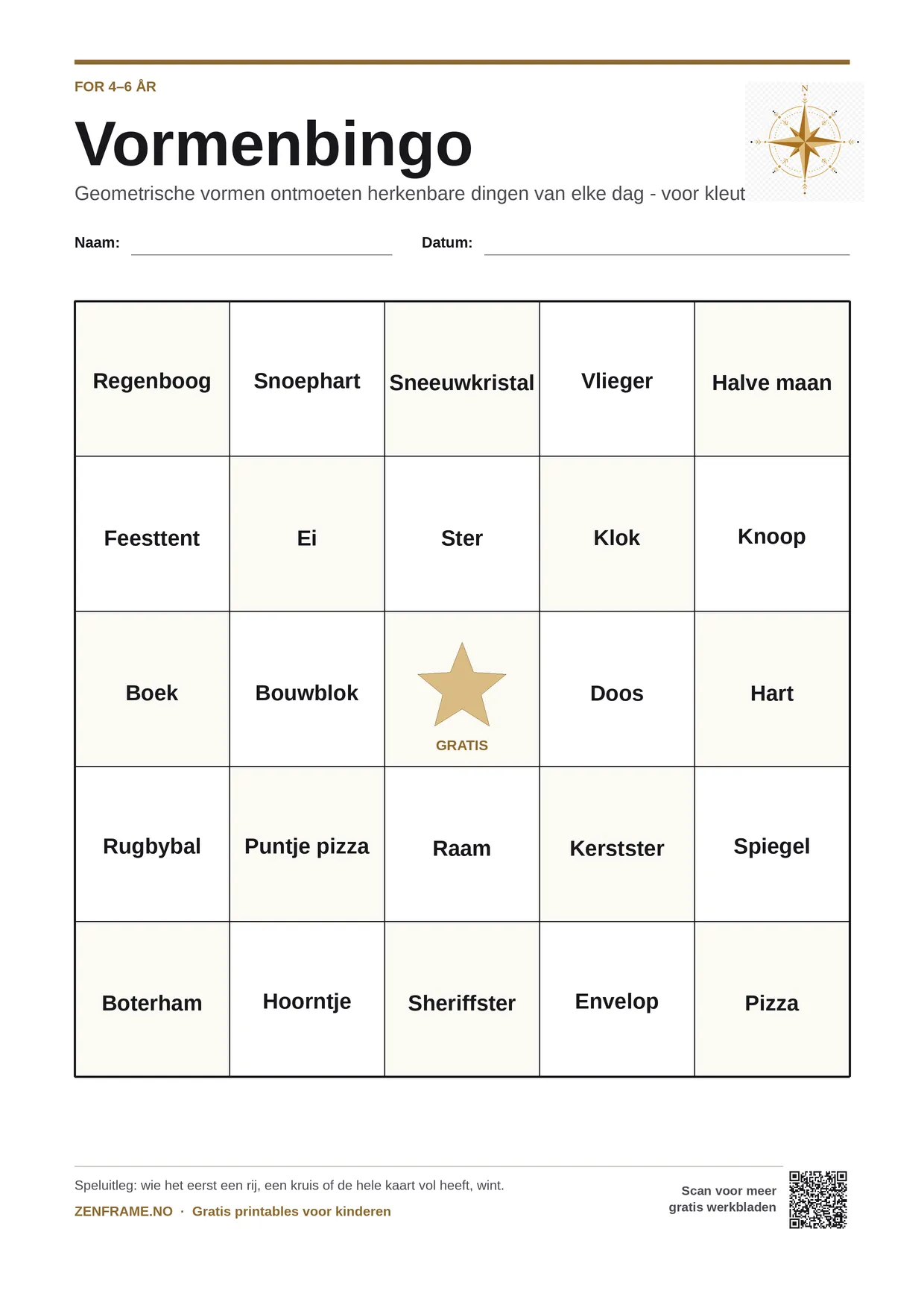 Vormenbingo voor kinderen 4–6 jaar – gratis printbare A4-kaart
