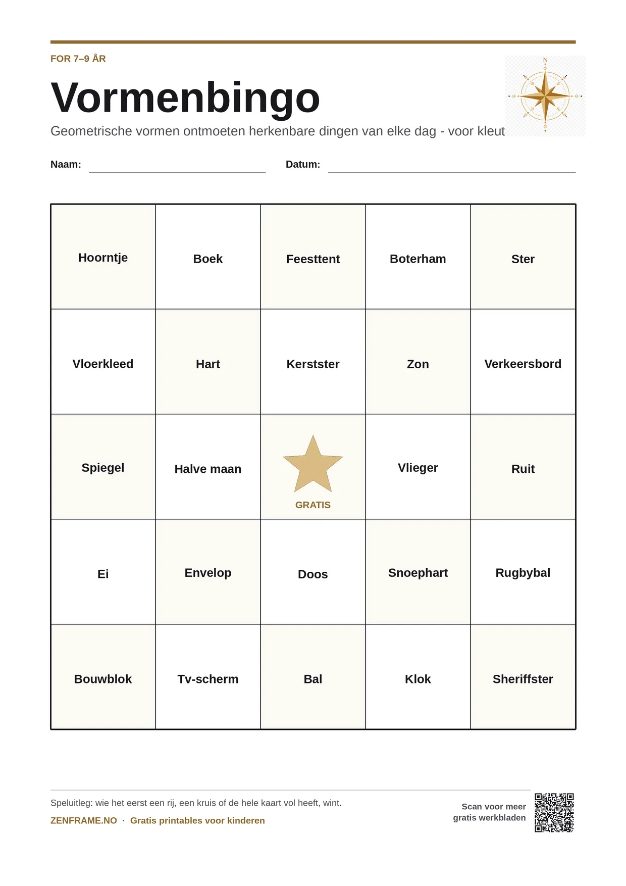Vormenbingo voor kinderen 7–9 jaar – gratis printbare A4-kaart