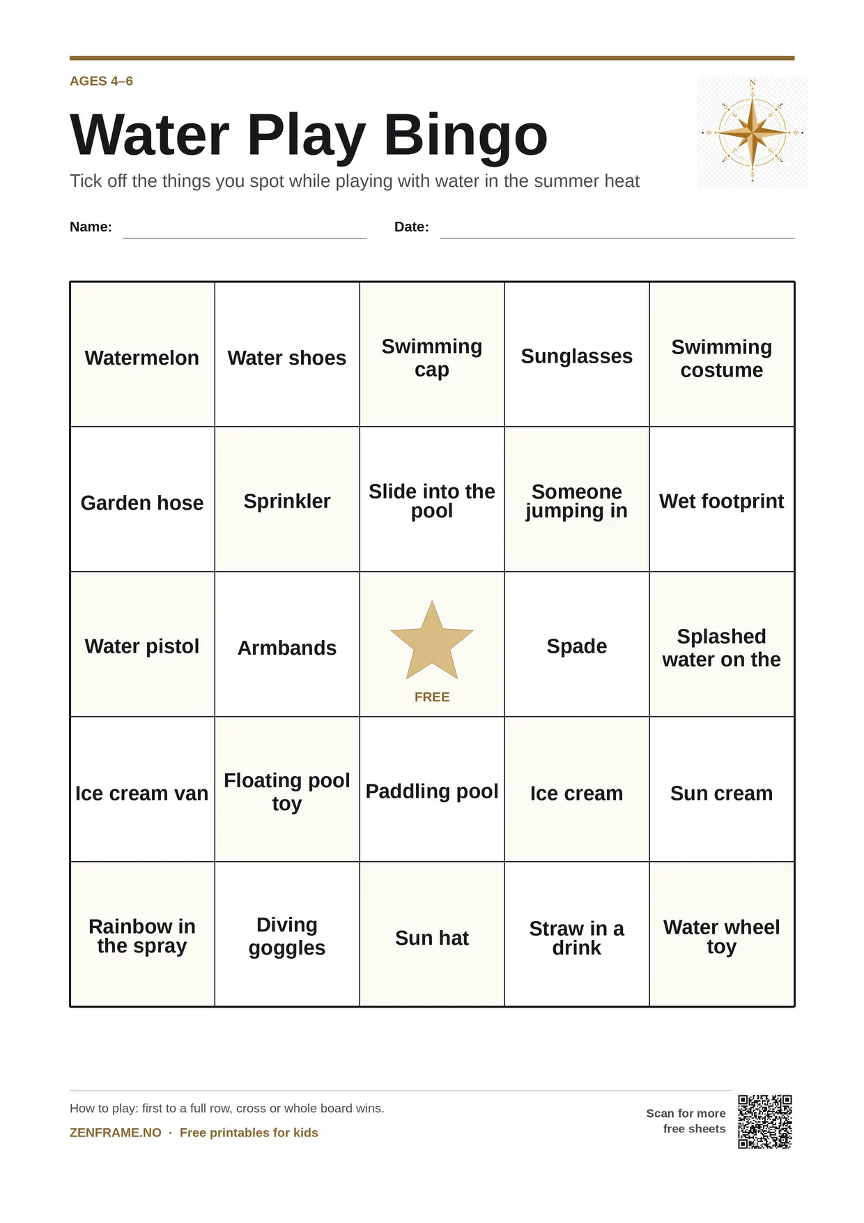 Water Play Bingo for kids ages 4–6 – free printable A4 board