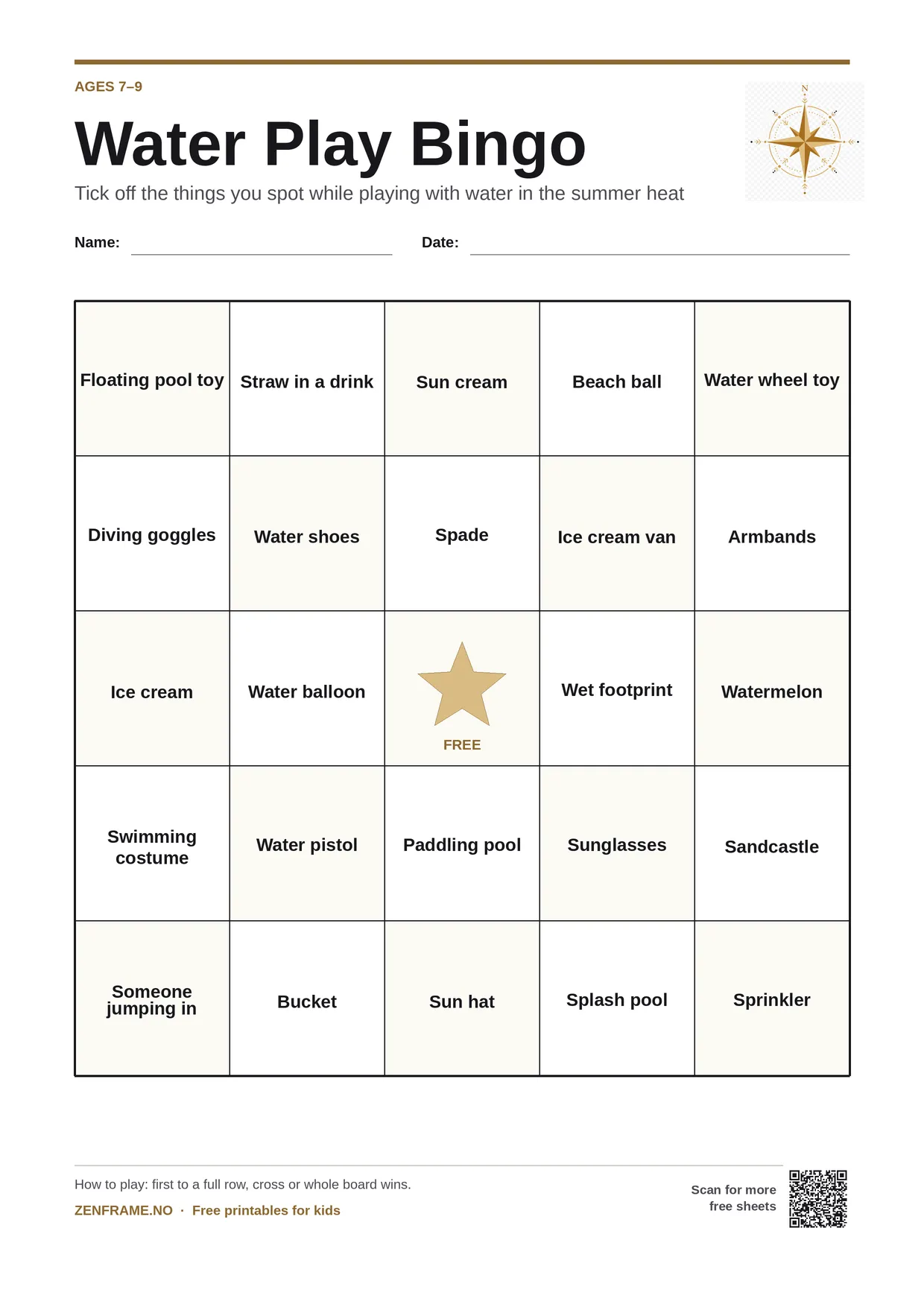 Water Play Bingo for kids ages 7–9 – free printable A4 board