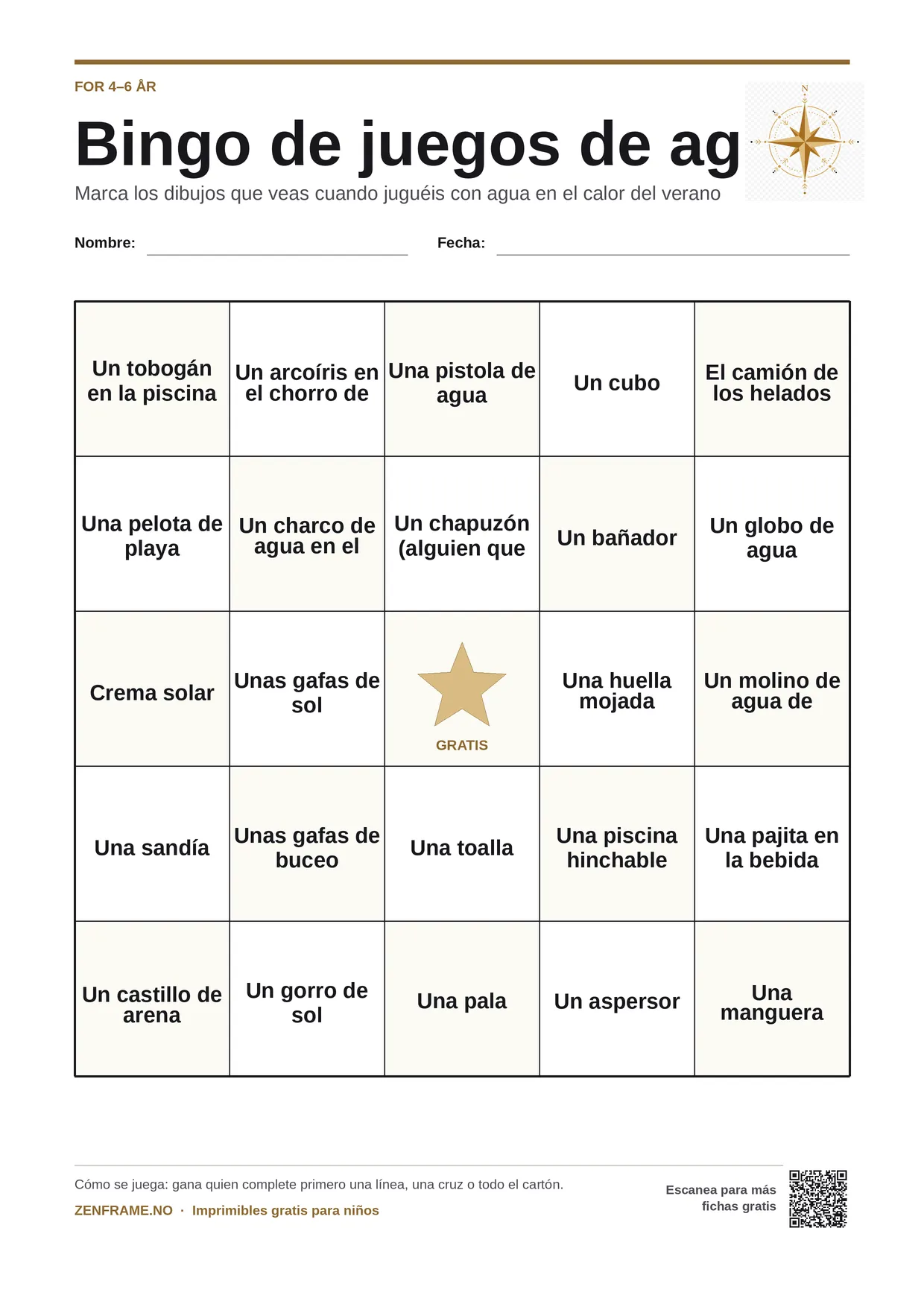 Bingo de juegos de agua para niños 4–6 años – tablero A4 gratis para imprimir