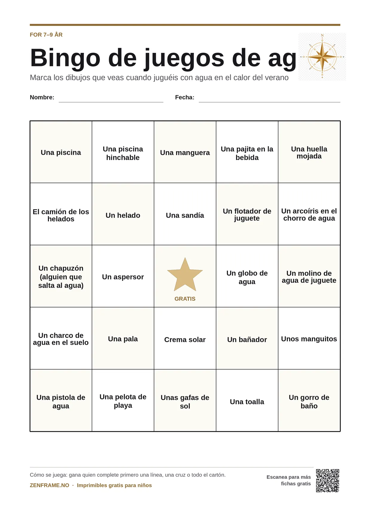 Bingo de juegos de agua para niños 7–9 años – tablero A4 gratis para imprimir