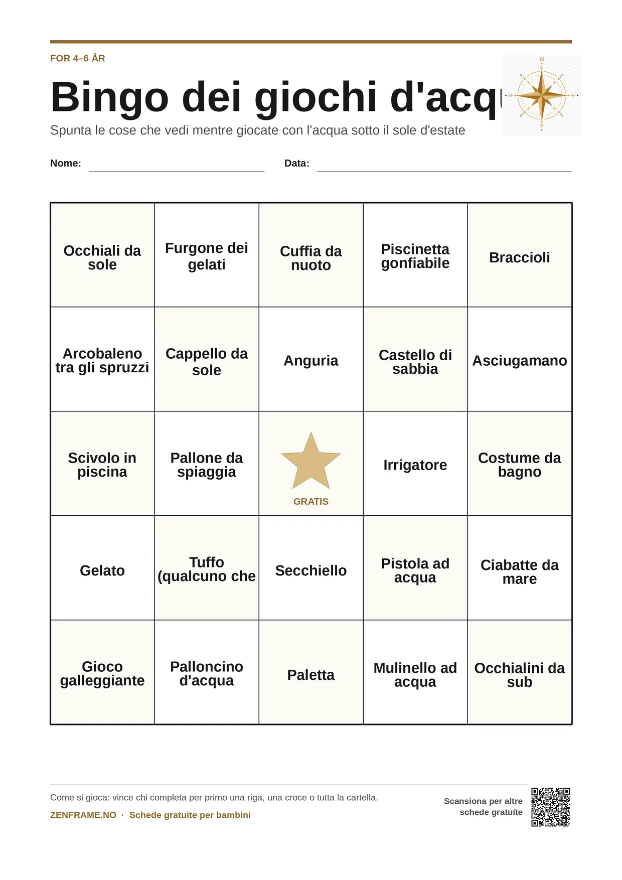 Bingo dei giochi d'acqua per bambini 4–6 anni – cartella A4 gratis da stampare