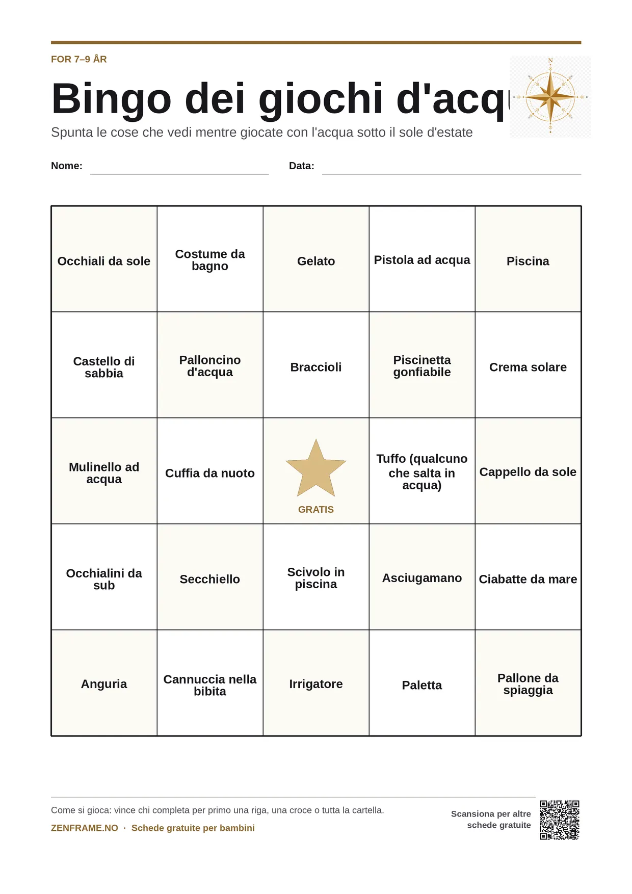 Bingo dei giochi d'acqua per bambini 7–9 anni – cartella A4 gratis da stampare