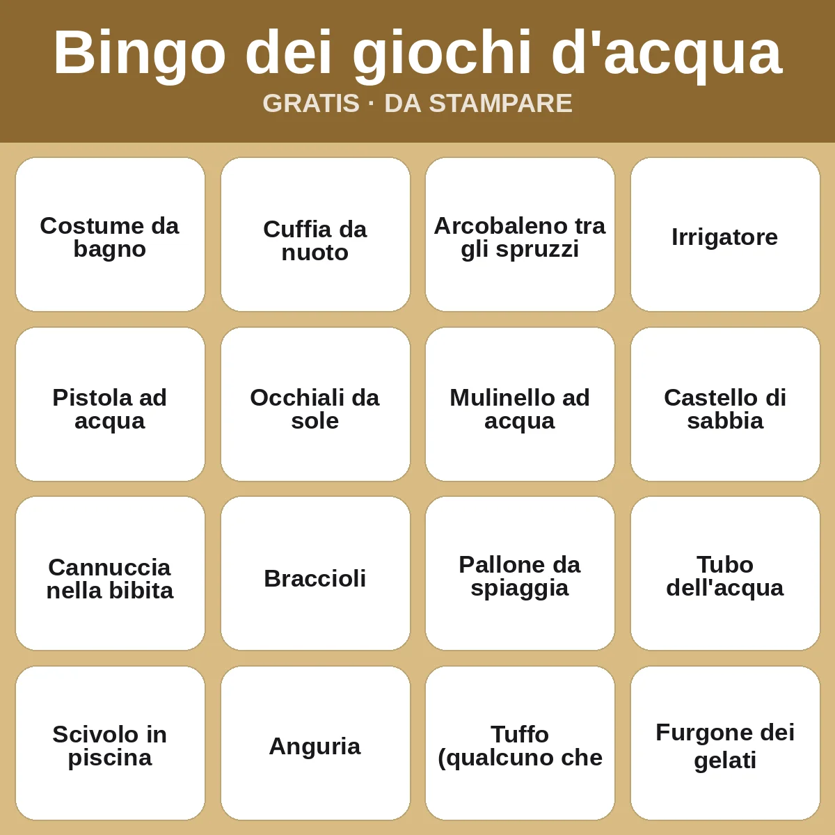 Bingo dei giochi d'acqua – bingo gratis da stampare per bambini