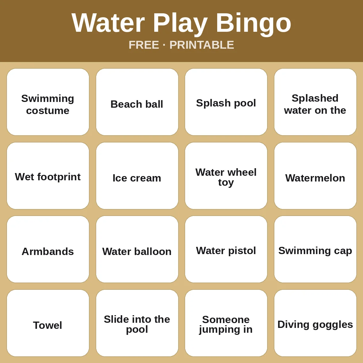 Water Play Bingo – free printable bingo for kids