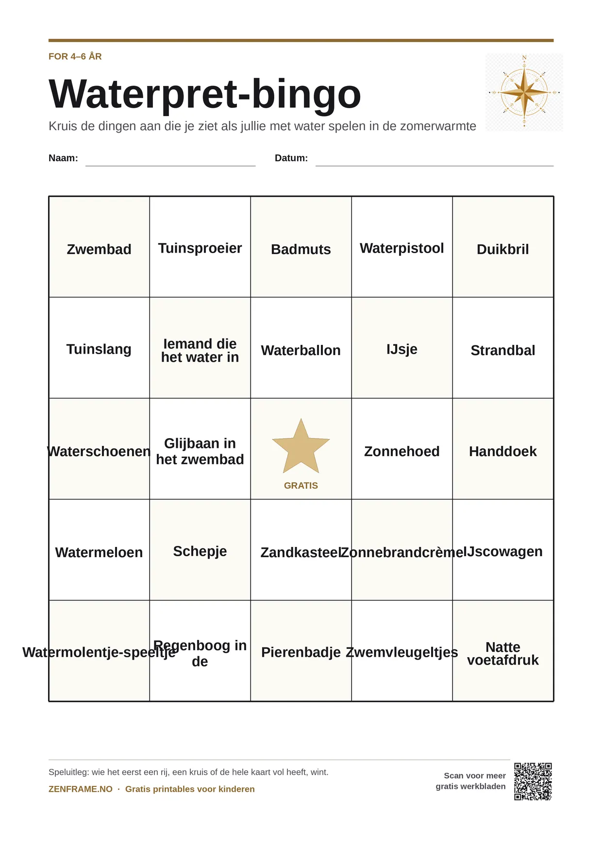 Waterpret-bingo voor kinderen 4–6 jaar – gratis printbare A4-kaart