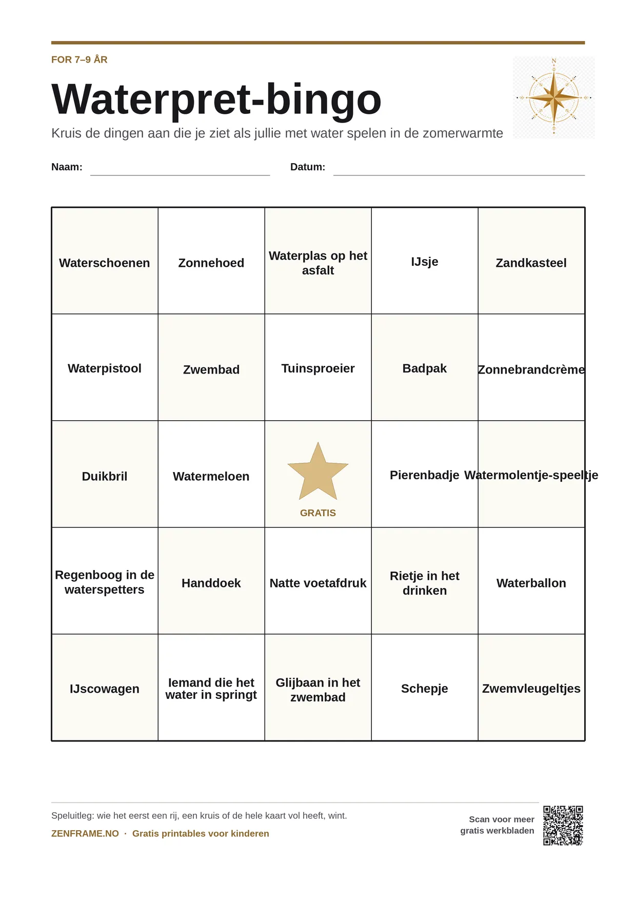 Waterpret-bingo voor kinderen 7–9 jaar – gratis printbare A4-kaart